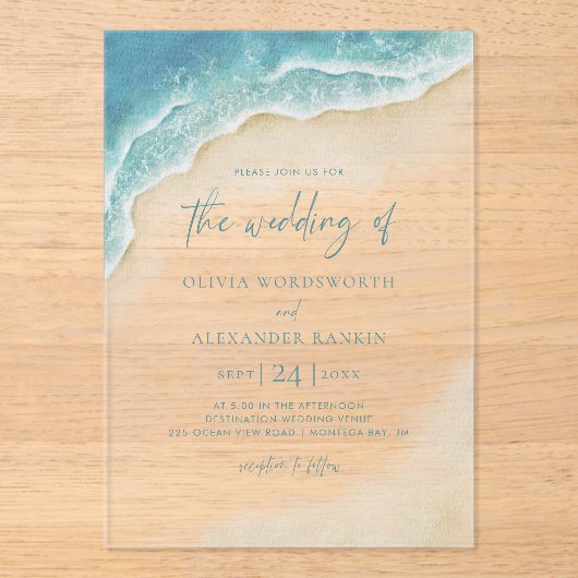 Blue Ocean Waves Summer Beach Wedding Acryl Uitnodigingen (Voorkant)