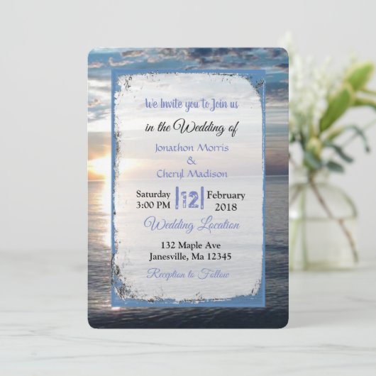 Blue Ocean Waves Sunset Wedding Invitations Kaart (Staand voorkant)