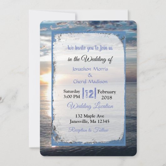 Blue Ocean Waves Sunset Wedding Invitations Kaart (Voorkant)