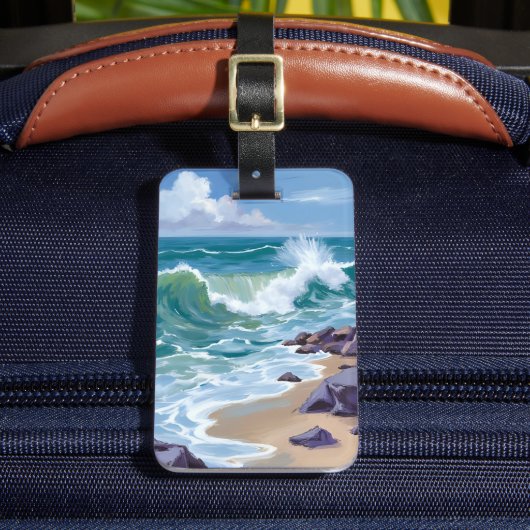 Blue Ocean Waves Watercolor Painting Bagagelabel (Voorkant Insitu 2)