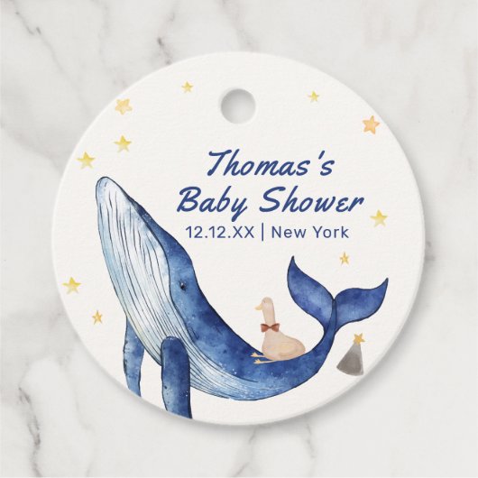 Blue Ocean Whimsical Duck Stars Walvis Baby shower Bedankjes Labels (Voorkant)