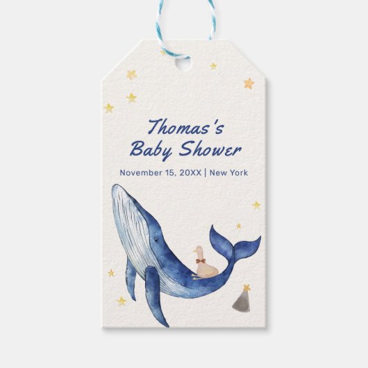 Blue Ocean Whimsical Duck Stars Walvis Baby shower Cadeaulabel (Voorkant)