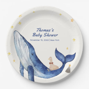 Blue Ocean Whimsical Duck Stars Walvis Baby shower Papieren Bordje