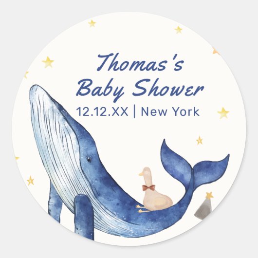 Blue Ocean Whimsical Duck Stars Walvis Baby shower Ronde Sticker (Voorkant)