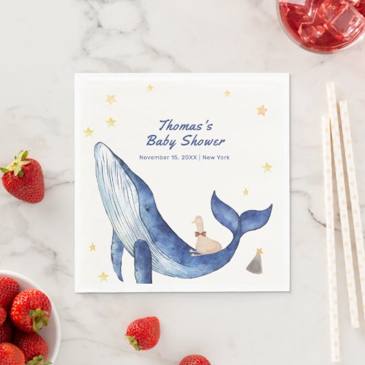 Blue Ocean Whimsical Duck Stars Walvis Baby shower Servet (Insitu)