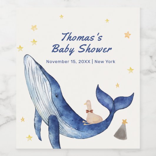 Blue Ocean Whimsical Duck Stars Walvis Baby shower Wijn Etiket (Enkel label)