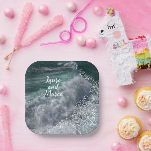 Blue ocean with drawn hearts papieren bordje (Feest)