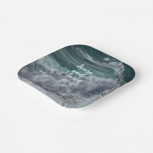 Blue ocean with drawn hearts papieren bordje (Gebogen)