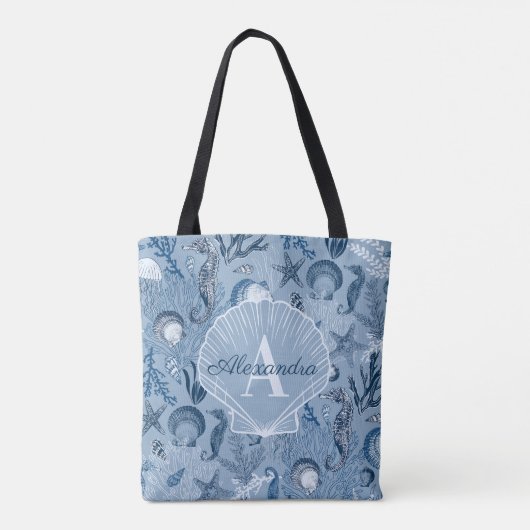 Blue Ocean Zee Life Coastal Beach Monogram Tote Bag (Achterkant)