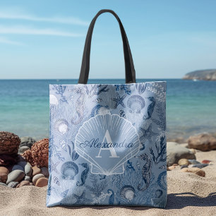 Blue Ocean Zee Life Coastal Beach Monogram Tote Bag