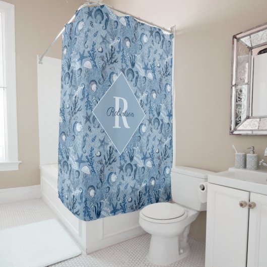 Blue Ocean Zee Life Monogram Kustgebied Douchegordijn (In situ)