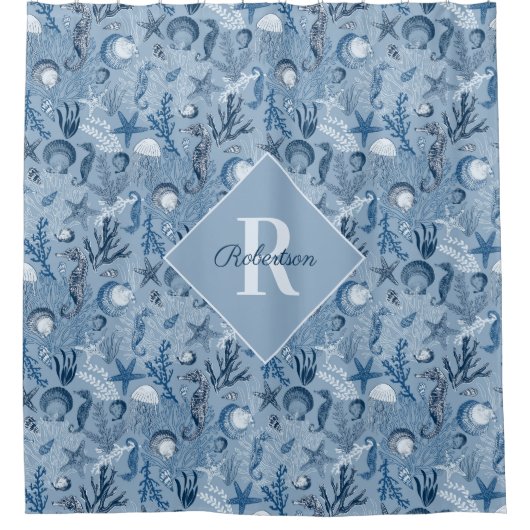 Blue Ocean Zee Life Monogram Kustgebied Douchegordijn (Voorkant)