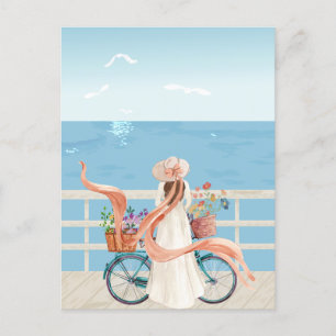 Blue Ocean zomer meisje met fiets Briefkaart