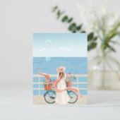 Blue Ocean zomer meisje met fiets Briefkaart (Staand voorkant)