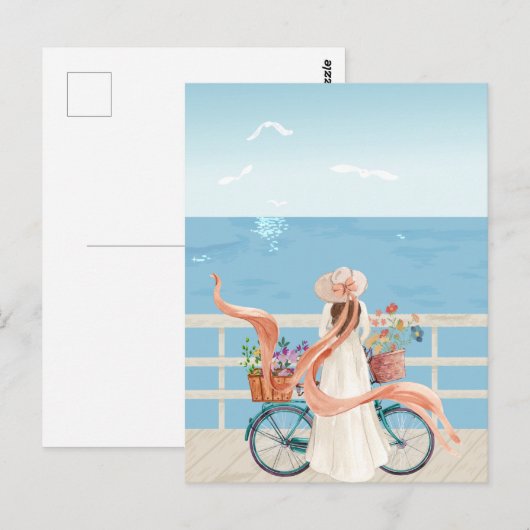 Blue Ocean zomer meisje met fiets Briefkaart (Voorkant / Achterkant)