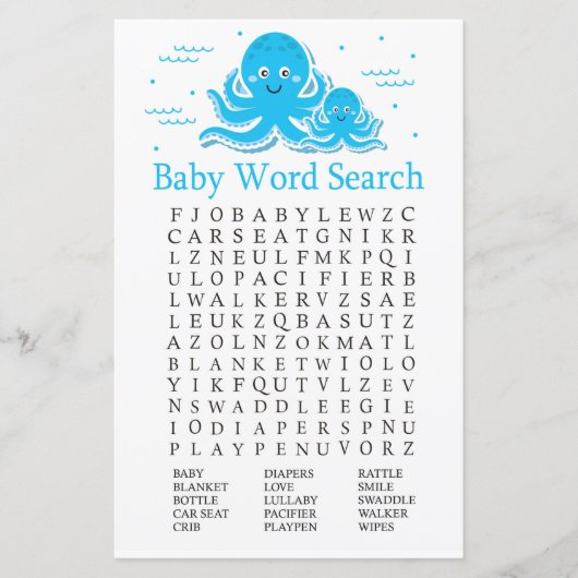 Blue Octopus Baby shower Word Search Game (Voorkant)