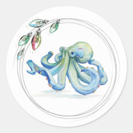 Blue Octopus Beachy Christmas-Waterverf Ronde Sticker