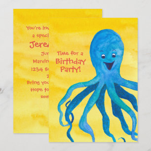Blue Octopus Birthday Party Invitation Kaart