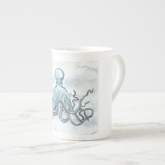 Blue Octopus Bone China Mok Tea Koffee Ocean Beach (Voorkant rechts)