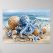 Blue Octopus Coastal Wall Art Print | Wall Poster (Voorkant)