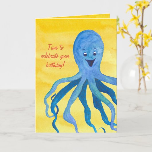Blue Octopus Happy Birthday Kaart (Gele Bloem)