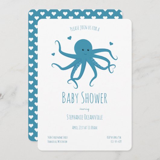 Blue Octopus Hearts Cartoon Baby shower Kaart (Voorkant / Achterkant)