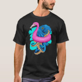 Blue Octopus In Pink Flamingo Swimming Pool Fun Oc T-shirt (Voorkant)