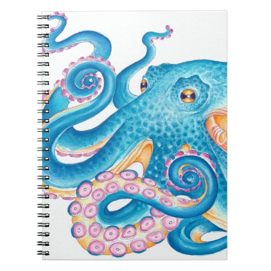 Blue Octopus Kraken Oranje roze Waterverf Notitieboek (Voorkant)
