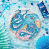 Blue Octopus Kraken Oranje roze Waterverf Papieren Bordje (Feest)