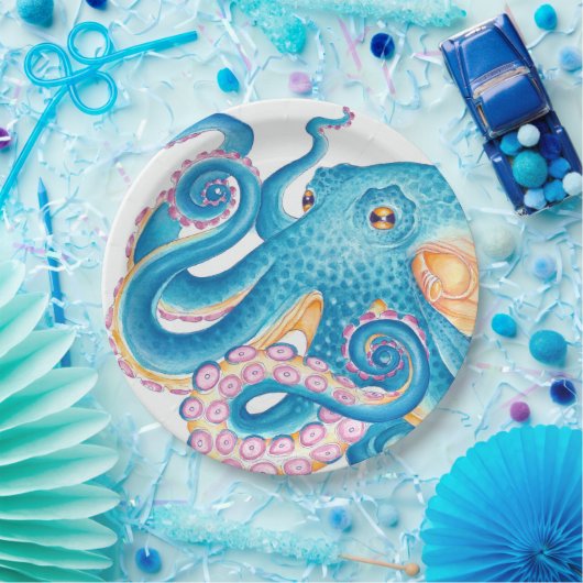 Blue Octopus Kraken Oranje roze Waterverf Papieren Bordje (Feest)