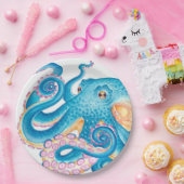 Blue Octopus Kraken Oranje roze Waterverf Papieren Bordje (Feest)
