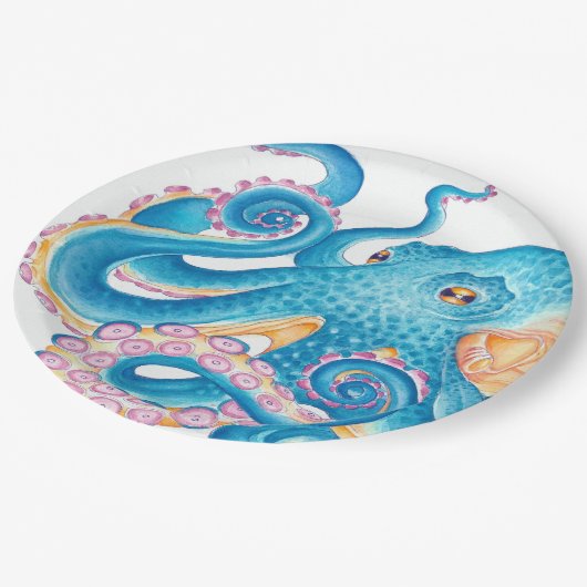 Blue Octopus Kraken Oranje roze Waterverf Papieren Bordje (Gekanteld)