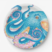 Blue Octopus Kraken Oranje roze Waterverf Papieren Bordje (Voorkant)