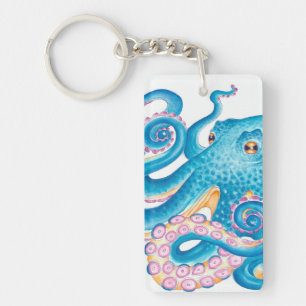 Blue Octopus Kraken Oranje roze Waterverf Sleutelhanger