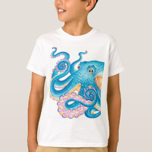 Blue Octopus Kraken Oranje roze Waterverf T-shirt
