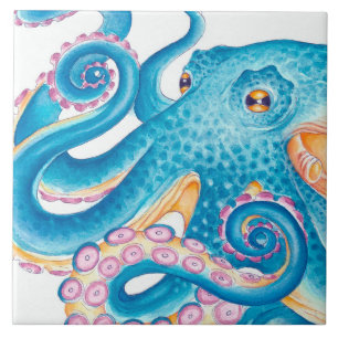 Blue Octopus Kraken Oranje roze Waterverf Tegeltje