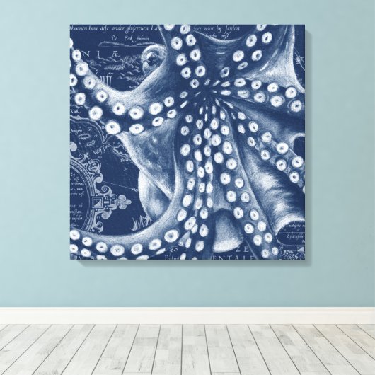 Blue Octopus Map Chic Canvas Afdruk (Insitu (Houten vloer))