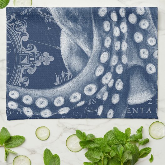 Blue Octopus  Map Chic Theedoek (Gevouwen)