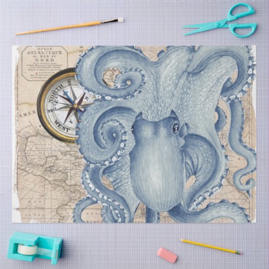 Blue Octopus Map Compass Nautical Tissuepapier (Craft)