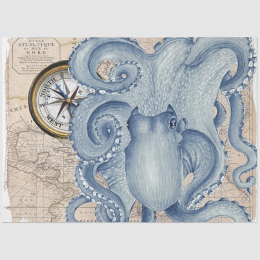 Blue Octopus  Map Compass Nautical Tissuepapier (Voorkant)