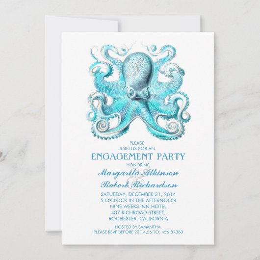 Blue Octopus Nautical Beach Engagement Party Kaart (Voorkant)