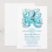 Blue Octopus Nautical Beach Engagement Party Kaart (Voorkant / Achterkant)