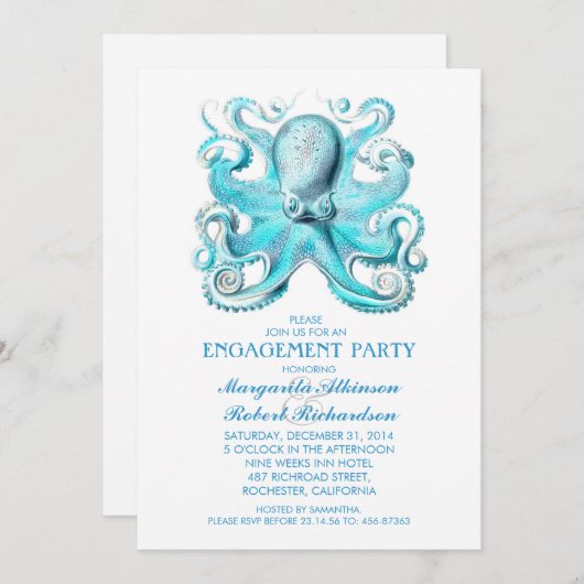 Blue Octopus Nautical Beach Engagement Party Kaart (Voorkant / Achterkant)