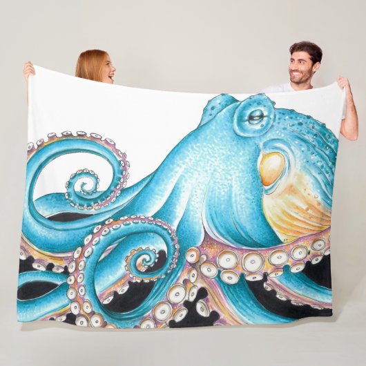 Blue Octopus On White Ink Fleece Deken (In situ)