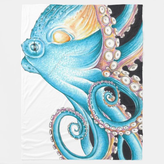 Blue Octopus On White Ink Fleece Deken (Voorkant)