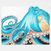 Blue Octopus On White Ink Fleece Deken (Voorkant (Horizontaal))