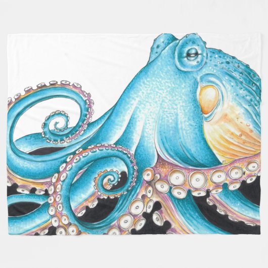 Blue Octopus On White Ink Fleece Deken (Voorkant (Horizontaal))