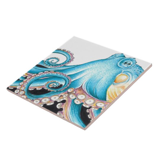 Blue Octopus On White Ink Tegeltje (Zijkant)