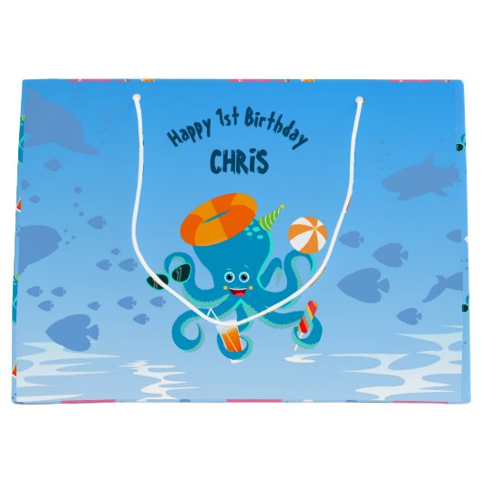 Blue Octopus Onder het Zee Boy Verjaardagsfeest Groot Cadeauzakje (Voorkant)