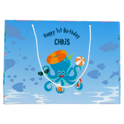Blue Octopus Onder het Zee Boy Verjaardagsfeest Groot Cadeauzakje (Achterkant)